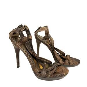 Burberry Bronze Snakeskin Leather Strappy Platform Stiletto Heels 38.5